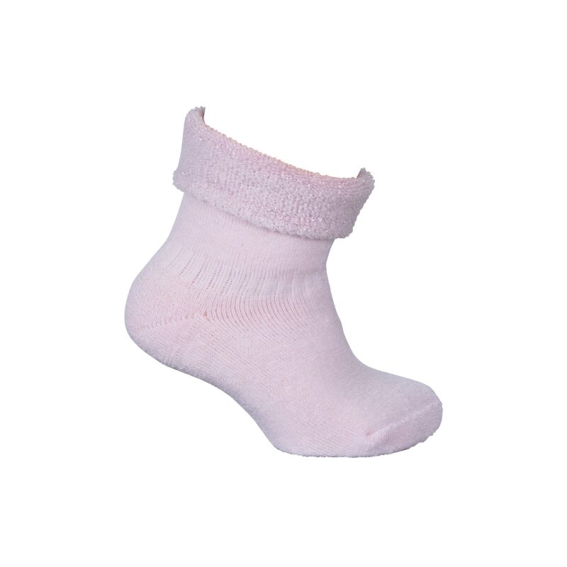 Babystrømpe med frotté indvendig. Strømpe i uld til baby. Rosa blød tyk strømpe med glimmer. Melton.